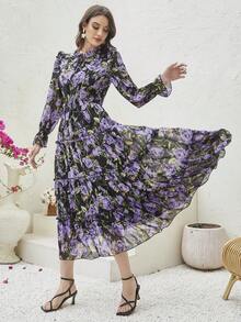 Floral Print Tie Neck Ruffle Hem Dress - Purple - View 4