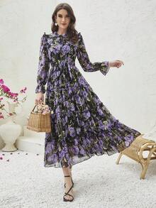 Floral Print Tie Neck Ruffle Hem Dress - Purple - View 5