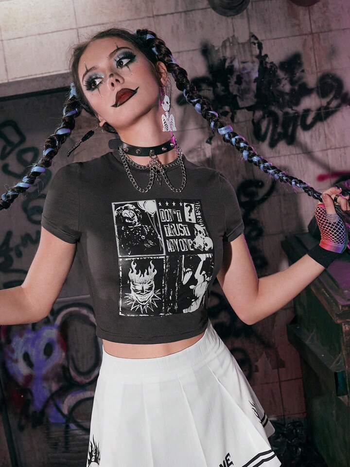 トップス archive 00s grunge punk cut boarder top Our Grunge Punk Figure Graphic Crop Tee is such a vibe - ROMWE