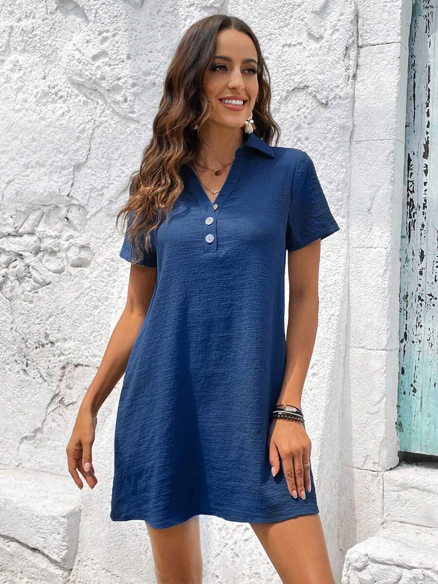 EMERY ROSE Solid Hidden Pocket Shirt Dress - Blue - View 1
