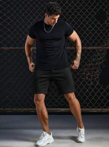 Manfinity VCAY 男士素色腰部抽繩短褲 - 黑色 - 查看 5