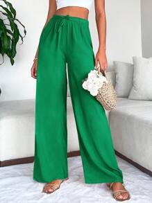 EURMUSE Solid Tie Front Wide Leg Trousers - Green - View 1