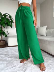 EURMUSE Solid Tie Front Wide Leg Trousers - Green - View 4