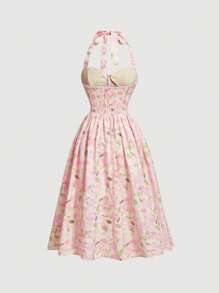 SHEIN MOD Allover Floral Print Tie Backless Halter Dress - Baby Pink - View 2