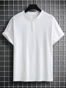 Manfinity Homme 男士棉半排扣落肩T恤 - 白色 - 查看 2