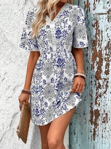 SHEIN LUNE Đầm Tương phản ren Thực vật Tất cả trên in Boho - Xanh và trắng - Xem 1