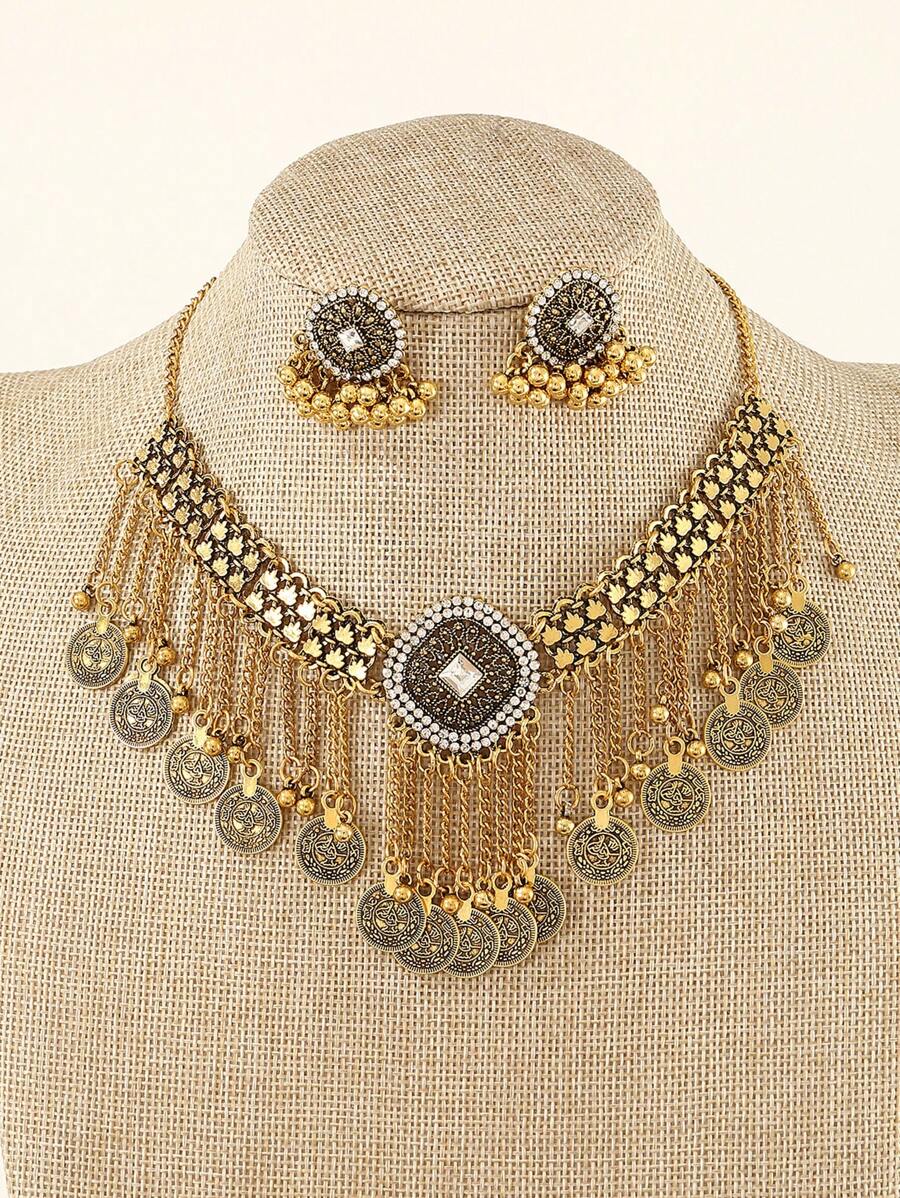 3入組誇張刻花復古豪華圓形耳環項鍊套裝，適用於女士派對，流行飾品 - 彩色 - 查看 1