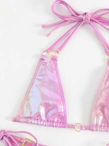 Bộ bikini dây buộc dây hình tam giác bên bờ biển mùa hè - Hồng - Xem 3