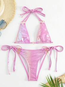 Bộ bikini dây buộc dây hình tam giác bên bờ biển mùa hè - Hồng - Xem 4