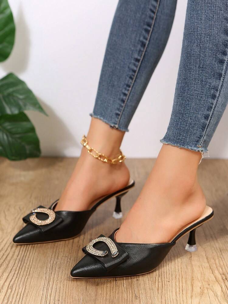 Women Rhinestone Decor Point Toe Pyramid Heeled Pumps, Fashion Faux Suede Mule Pumps
