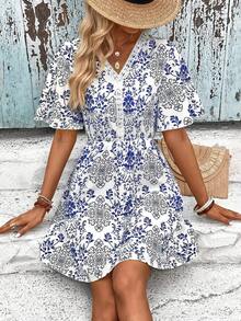 SHEIN LUNE Đầm Tương phản ren Thực vật Tất cả trên in Boho - Xanh và trắng - Xem 6