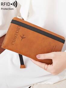 MIYIN Minimalist PU Leather RFID Blocking Passport Cover Travel Card Holder Wallet Multifunctional Passport Wallet With Card Slot,Airplane & Letter Pattern Passport Case,For Travel, Flight,Go Abroad,Travel Accessories,For Men And Women,Brown - Brown - View 3