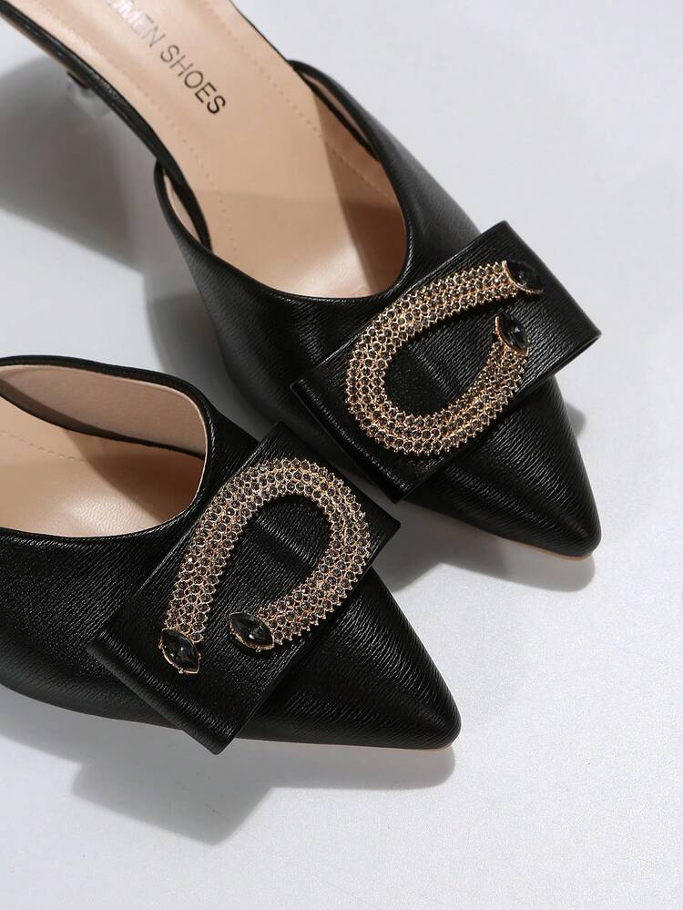 Women Rhinestone Decor Point Toe Pyramid Heeled Pumps, Fashion Faux Suede Mule Pumps