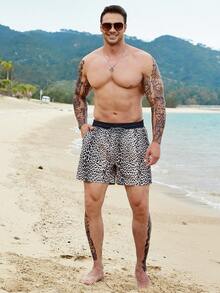 Manfinity Hombres Shorts de natación con estampado de leopardo de cintura con cordón - Multicolor - Ver 4