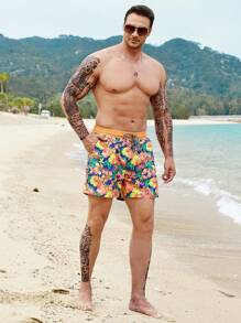 Manfinity Swimmode Hombres Shorts de natación con estampado floral de cintura con cordón - Multicolor - Ver 5