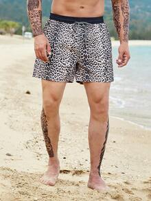Manfinity Hombres Shorts de natación con estampado de leopardo de cintura con cordón - Multicolor - Ver 6