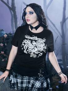 Corpse Bride | ROMWE Plus Skull & Letter Graphic Tee - Black - View 1