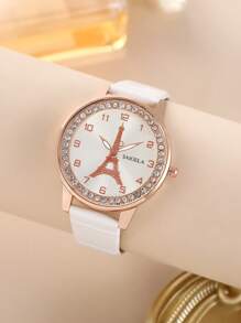 1pc White Crocodile Embossed PU Polyurethane Strap Glamorous Tower Pattern Rhinestone Decor Round Dial Quartz Watch, For Daily Life - White - View 1