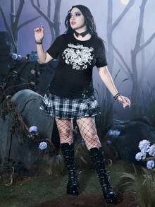 Corpse Bride | ROMWE Plus Skull & Letter Graphic Tee - Black - View 4