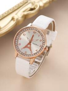 1pc White Crocodile Embossed PU Polyurethane Strap Glamorous Tower Pattern Rhinestone Decor Round Dial Quartz Watch, For Daily Life - White - View 2
