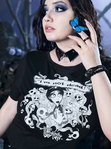 Corpse Bride | ROMWE Plus Skull & Letter Graphic Tee - Black - View 5