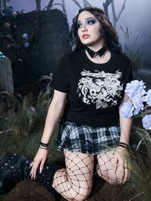 Corpse Bride | ROMWE Plus Skull & Letter Graphic Tee - Black - View 6