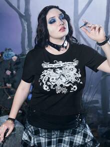 Corpse Bride | ROMWE Plus Skull & Letter Graphic Tee - Black - View 7