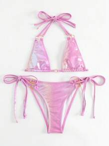 Bộ bikini dây buộc dây hình tam giác bên bờ biển mùa hè - Hồng - Xem 7