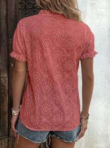 SHEIN LUNE Blusa casual de vacaciones con cuello en V, mangas abullonadas y bordado francés - Rosa Oxidada - Ver 2