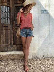 SHEIN LUNE Blusa casual de vacaciones con cuello en V, mangas abullonadas y bordado francés - Rosa Oxidada - Ver 4