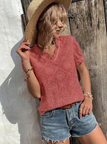 SHEIN LUNE Blusa casual de vacaciones con cuello en V, mangas abullonadas y bordado francés - Rosa Oxidada - Ver 5