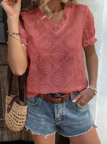 SHEIN LUNE Blusa casual de vacaciones con cuello en V, mangas abullonadas y bordado francés - Rosa Oxidada - Ver 6