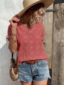 SHEIN LUNE Blusa casual de vacaciones con cuello en V, mangas abullonadas y bordado francés - Rosa Oxidada - Ver 7