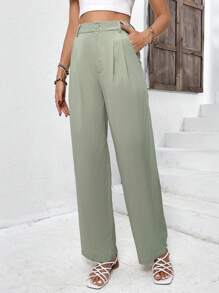 SHEIN Frenchy 高腰拼接細節直筒西裝褲 - 綠色 - 查看 4