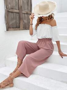 SHEIN Frenchy Off Shoulder Frill Trim Blouse & Paperbag Waist Wide Leg Pants Summer - Multicolor - View 4