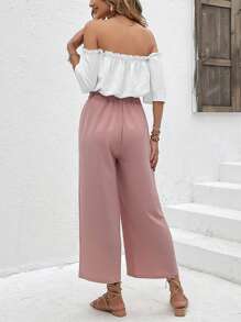 SHEIN Frenchy Off Shoulder Frill Trim Blouse & Paperbag Waist Wide Leg Pants Summer - Multicolor - View 2