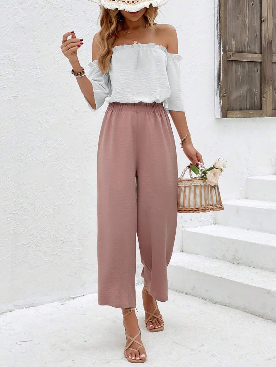 SHEIN Frenchy Off Shoulder Frill Trim Blouse & Paperbag Waist Wide Leg Pants Summer - Multicolor - View 1