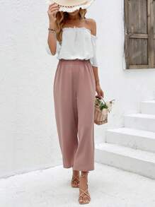 SHEIN Frenchy Off Shoulder Frill Trim Blouse & Paperbag Waist Wide Leg Pants Summer - Multicolor - View 6