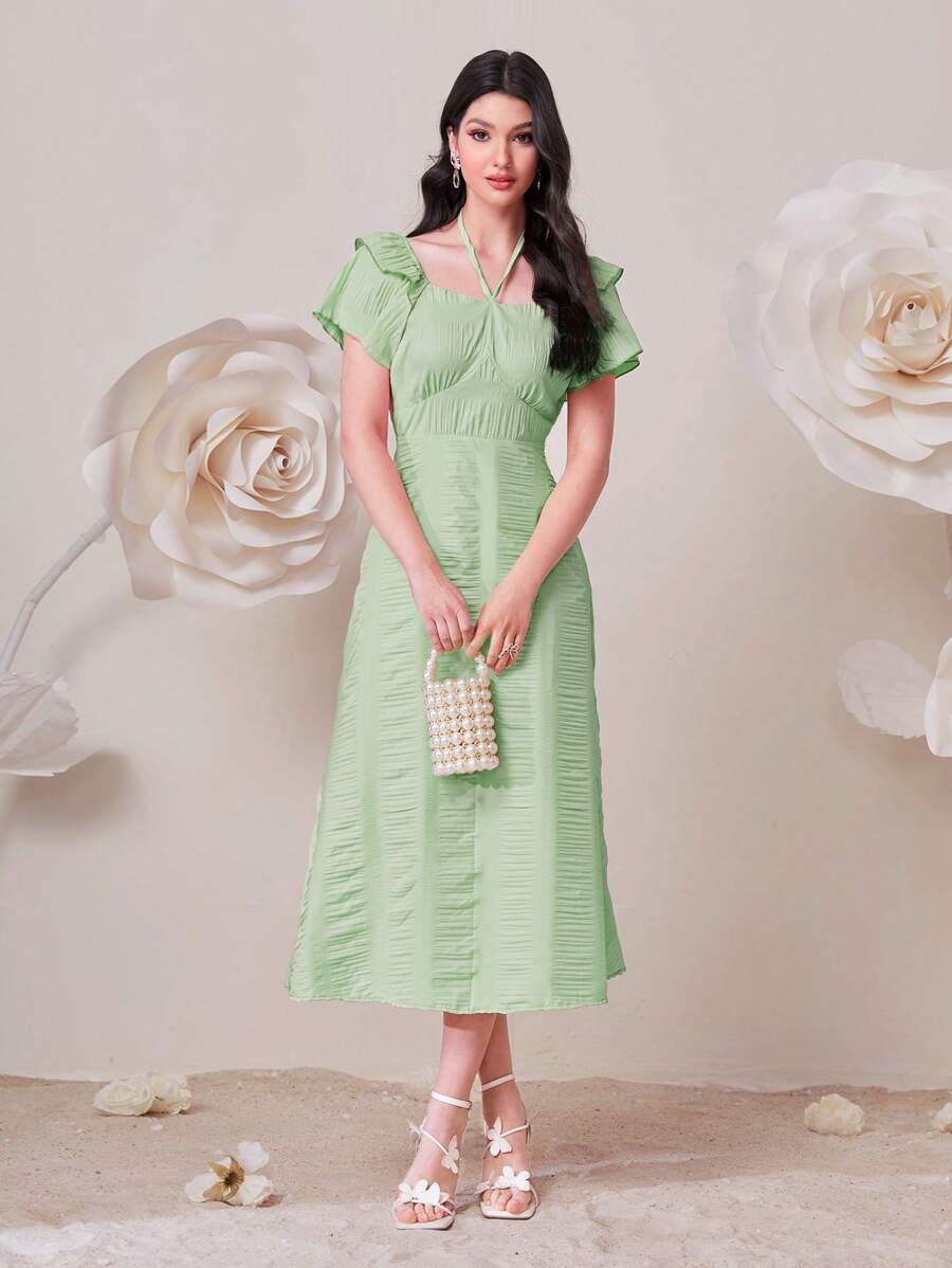 Modelyn 素色荷葉邊胸部褶皺洋裝 - 薄荷綠 - 查看 1