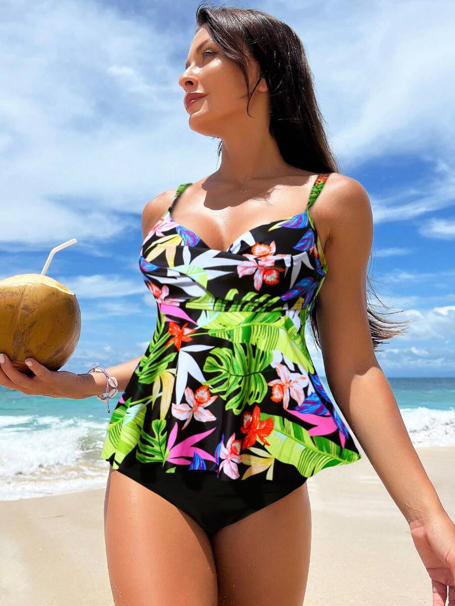 SHEIN Swim Tropical Print Push Up Tankini Summer Beach - Multicolor - View 1