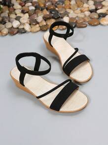 Women Multi Strap Sandals, Elegant Black Elastic Ankle Strap Wedge Sandals For Summer