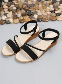 Women Multi Strap Sandals, Elegant Black Elastic Ankle Strap Wedge Sandals For Summer