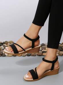 Women Multi Strap Sandals, Elegant Black Elastic Ankle Strap Wedge Sandals For Summer
