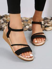 Women Multi Strap Sandals, Elegant Black Elastic Ankle Strap Wedge Sandals For Summer