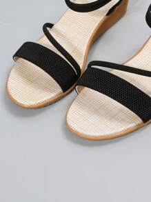 Women Multi Strap Sandals, Elegant Black Elastic Ankle Strap Wedge Sandals For Summer