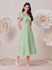 Modelyn 素色荷葉邊胸部褶皺洋裝 - 薄荷綠 - 查看 6