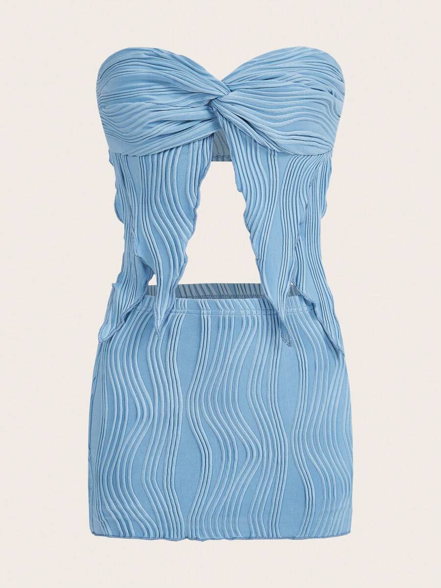 SHEIN ICON Twist Front Asymmetrical Hem Tube Top & Skirt - Baby Blue - View 1