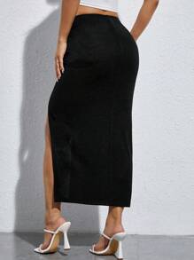 SHEIN PETITE Sexy Eenkleurig Rok Koord Geknoopt Ruches Zijsplit - Zwart - Bekijken 4