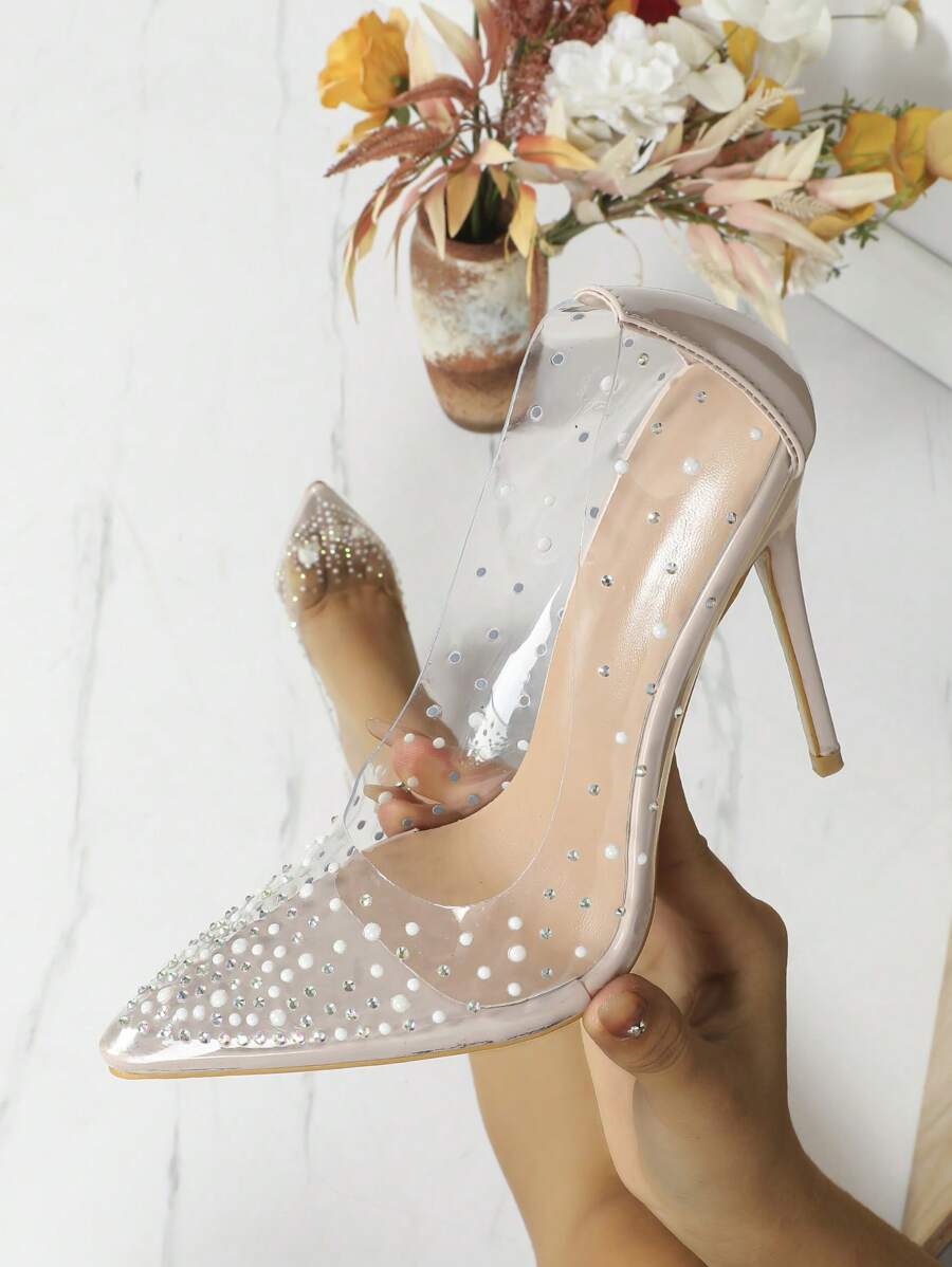 Women Point Toe Rhinestone Decor Stiletto Heeled Pumps, Fashionable Outdoor PVC Court Pumps - Apricot - View 1