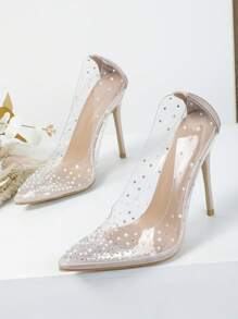 Women Point Toe Rhinestone Decor Stiletto Heeled Pumps, Fashionable Outdoor PVC Court Pumps - Apricot - View 4